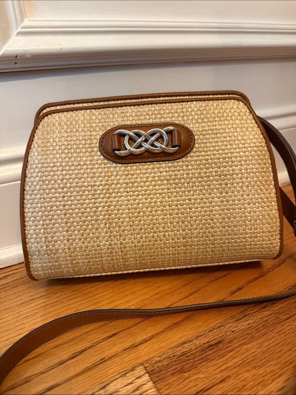 Brighton Dani Straw Organizer Crossbody Bag with Brown Leather Trim